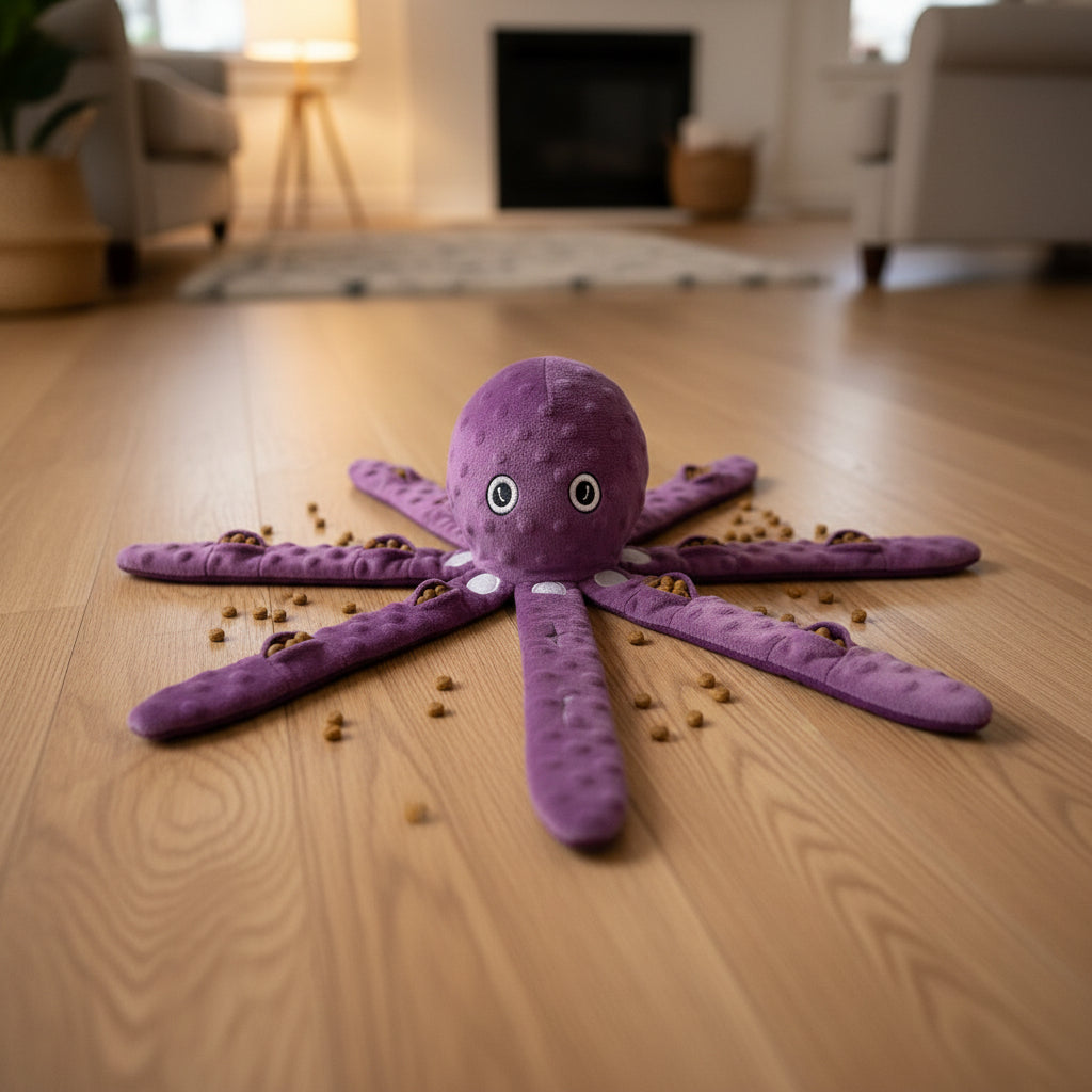 Purple and Blue Plush Octopus Dog Toy with Squeaker - Interactive Chew Toy for Medium Dogs, Ideal for Hiding Treats