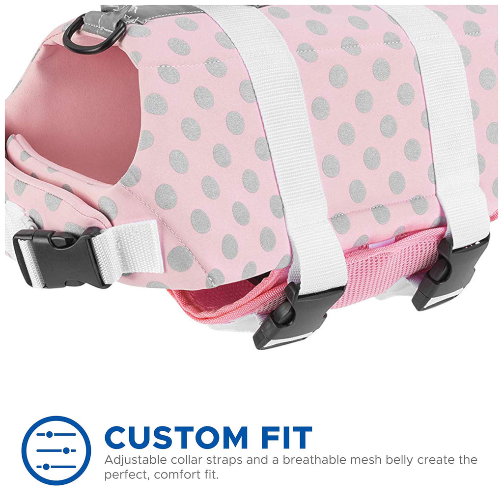 Neoprene Dog Life Jacket - Designer Safety Vest for Swimming and Boating - Pink/Silver, XX-Small