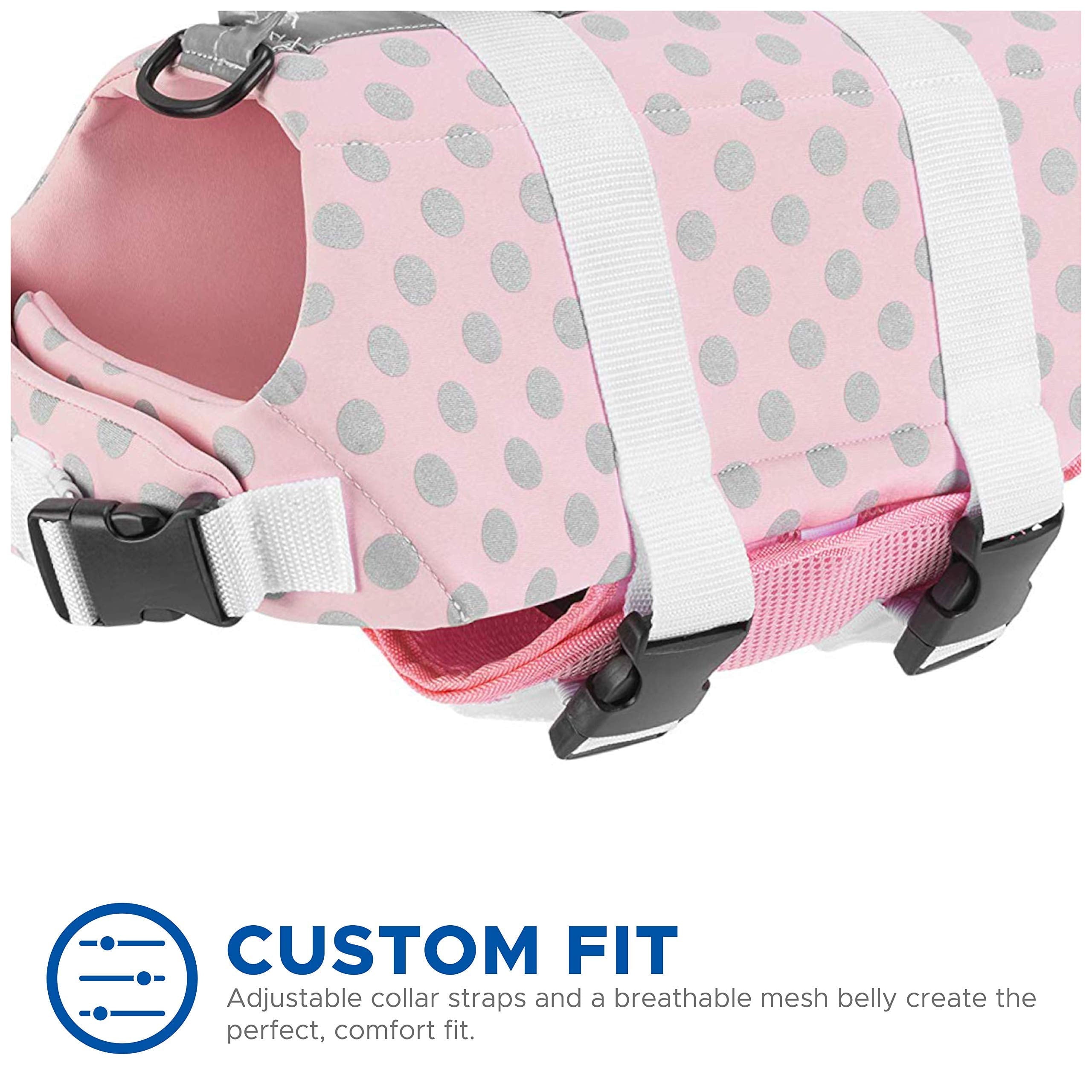 Neoprene Dog Life Jacket - Designer Safety Vest for Swimming and Boating - Pink/Silver, XX-Small