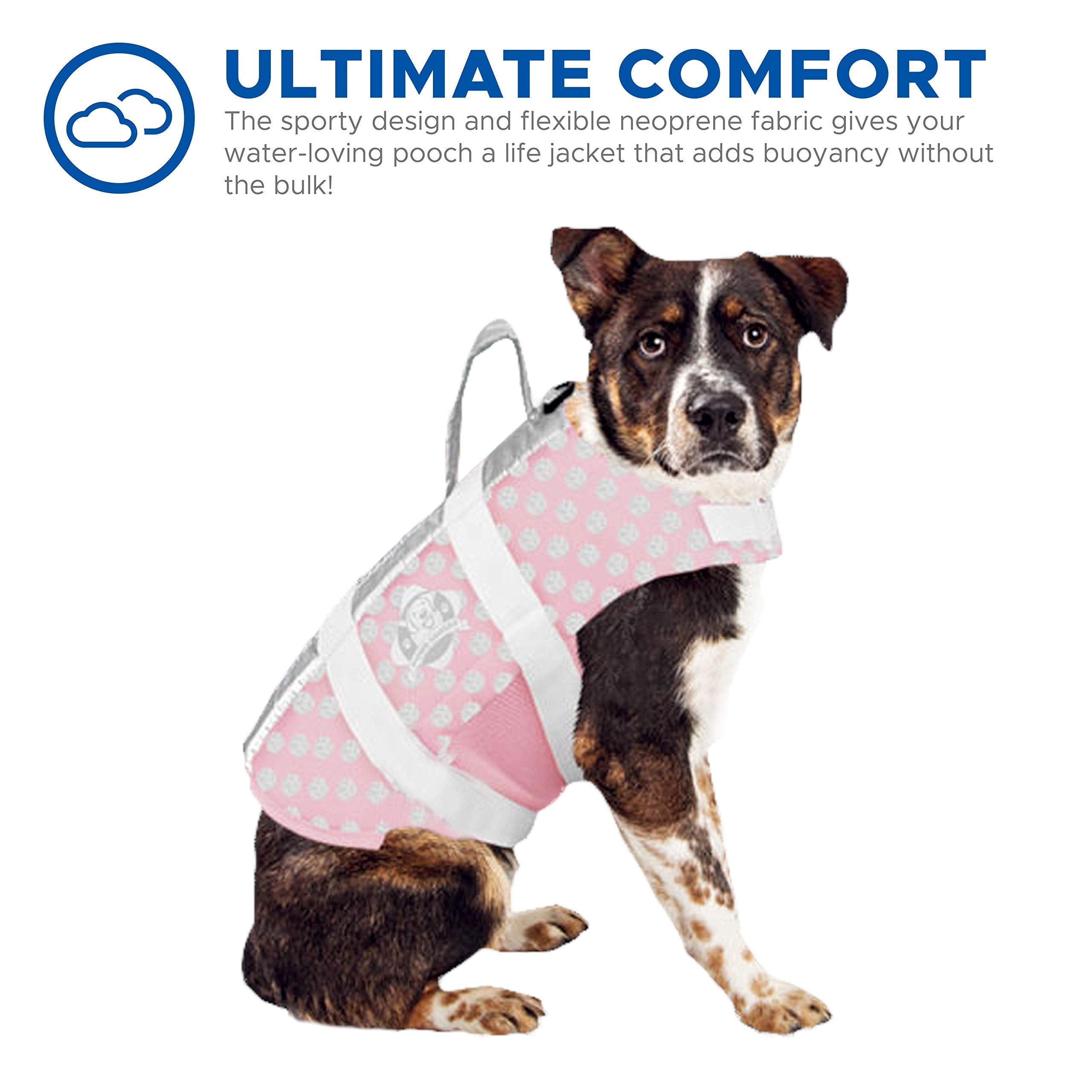 Neoprene Dog Life Jacket - Designer Safety Vest for Swimming and Boating - Pink/Silver, XX-Small